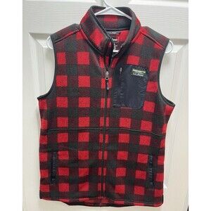 LL Bean Vest Womens M Red Buffalo Plaid Fleece Tunic Full Zip Cabin Camping